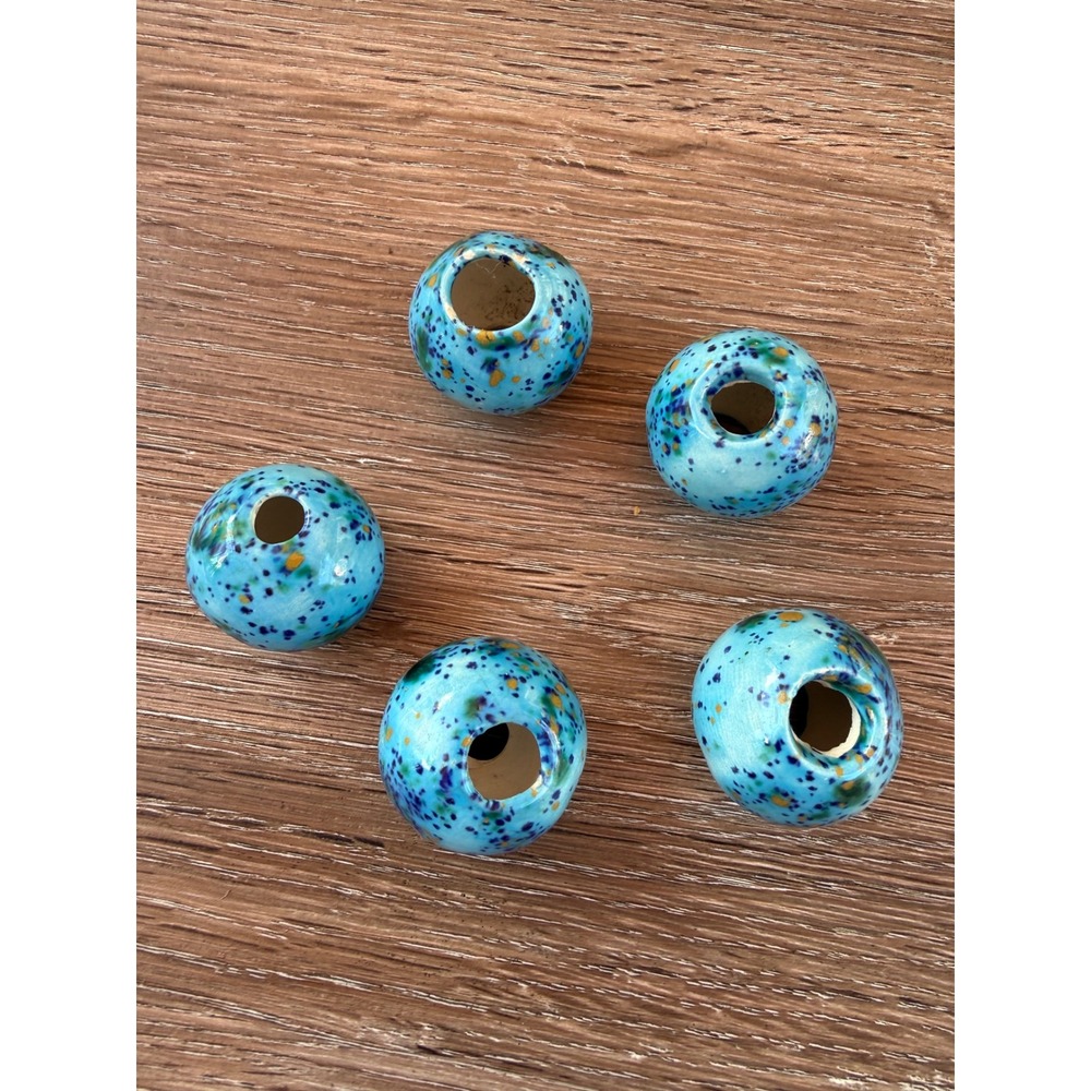 Vintage Turquoise Speckled Glazed Pottery  glossy round beads Large lot of 5